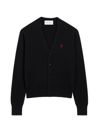 Ami Cropped Black V-Neck Cardigan with Button-Down Front