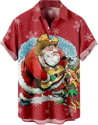 Generic Christmas Shirt for Men UK Fun Christmas Shirts 3D Snowman Print Shirts Short Sleeve Casual Button Down Tshirts Funny Xmas Hawaiian Shirt for Party Ho