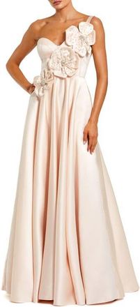 Mac Duggal Strapless Satin Bustier Gown With 3D Flowers in Oyster at Nordstrom, Size 12