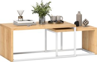 OEM Juego De 2 Mesas De Centro Mesa Nido Moderna Marco De Metal Para Sal&oacute;n 90x48x42 Cm Y 59x42x36 Cm Natural Y Blanco