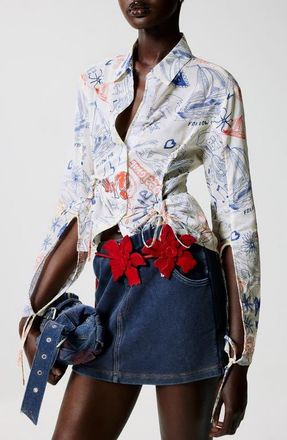 Desigual Ruched Long Sleeve Cotton Button-Up Shirt in Light Beige at Nordstrom, Size Medium