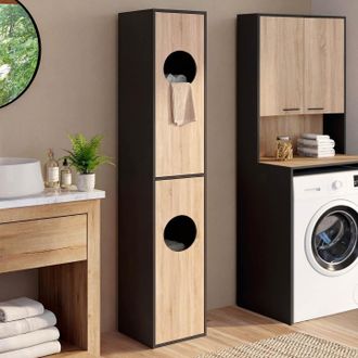 IDMarket Armario Para La Ropa De La Lavander&iacute;a, Columna De Ba&ntilde;o Wallis En Negro Y Madera Con Acabado De Haya