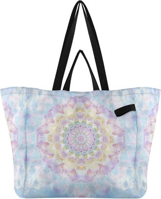 Generic Mandala Blue Pink pattern Reusable Canvas Tote Bag, Heavy Duty Grocery Shopping Bag with Large Capacity Hard Bottom Double Handles Work Groceries Trav