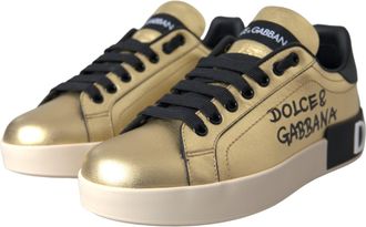 Dolce & Gabbana Gold Portofino Calf Leather Sneakers Women Shoes Black