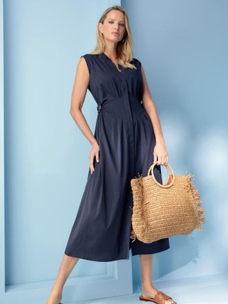 Heine Sommerkleid HEINE Kleid, Damen, Gr. 34, Normalgr&ouml;ssen, marine, 68% Baumwolle, 29% Polyamid, 3% Elasthan, unifarben, lang, Rundhals, Kleider Sommerklei