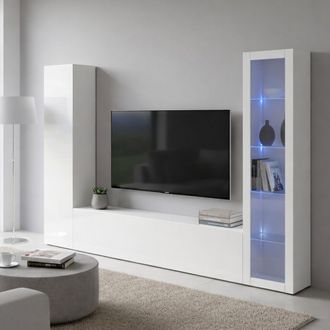 Dmora Pared Equipada Dekda, Conjunto De Sal&oacute;n Mueble De Tv Con 3 Puertas, Mueble De Sal&oacute;n Polivalente Con Vitrina Y Luz Led, 100% Made In Italy, Cm 260x30h1