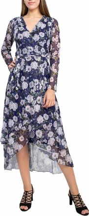 Shelli Segal Tie Waist Floral Print Tiered Power Mesh Dress In Blue Multi