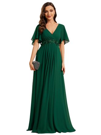 Ever-pretty Womens Chiffon V Neck Short Sleeves Appliques Bridesmaid Dressses Prom Dresses Dark Green 12UK