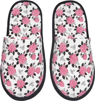 Generic Mens Slipper Rose Flowers Print Plush Womens Slippers Comfortable Lightweight Home Slippers Travel Hotels L