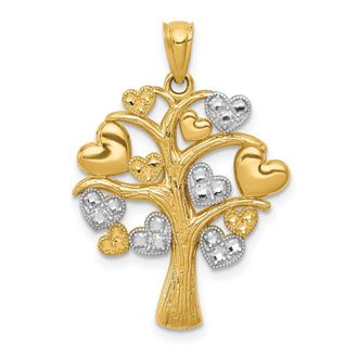 Diamond2Deal 14k Yellow Gold White Rhodium Polished Hearts Tree Pendant