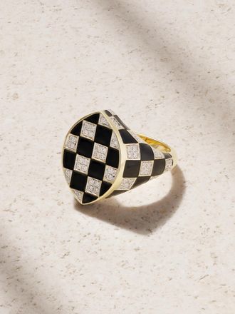 Yvonne Léon Anello A Sigillo In Oro 9 Carati Con Diamanti E Smalto Chevalière Marquise Damier - Nero