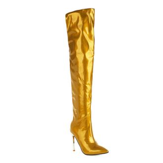 Generic Yellow,6.5 UK,Womens Patent Leather PU Thigh High Boots Pointy Toe Side Zippe Fashion Comfy Stiletto High Heel Over The Knee Boot Fall Winter Dress Sh