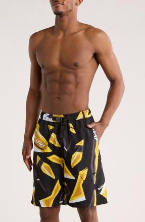 BOSS Print Swim Trunks in Light/Pastel Yellow at Nordstrom Rack, Size Xx-Large