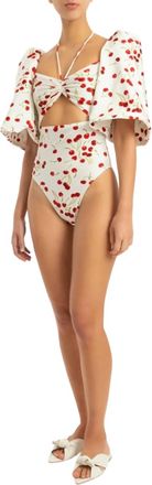 Adriana Degreas Cherry Bomb Puff-Sleeved Swimsuit In Off White