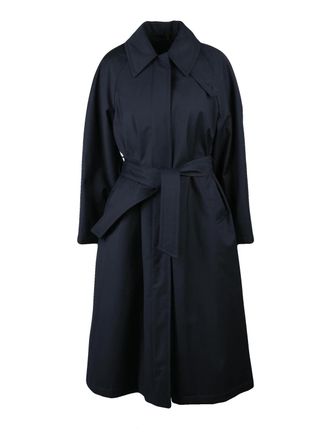 Palt&ograve; Belted Blue Trench Coat With Structured Collar And Snap Button Closure
