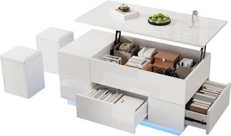 STILVORA Mesa De Centro Elevable 100&times;50&times;45 Cm Con 2 Cajones Y 2 Pufs, Led Con Control Por Aplicaci&oacute;n, Brillo, En Tablero Aglomerado, Blanco