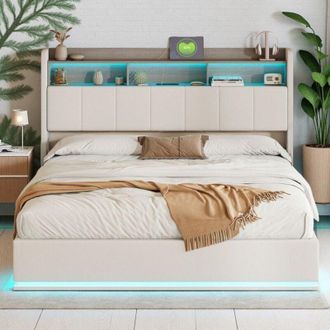 OEM Cama Doble 160x200 - Con Leds Rgb - Cabecera De Terciopelo Blanco - Almacenamiento Integrado - Carga Usb/tipo-c