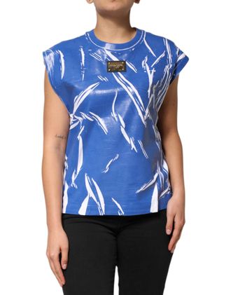 Dolce & Gabbana Blue White Cotton Logo Plaque Women Tank Top And