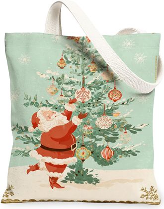 Generic Christmas Santa Canvas Tote Bags, Holiday Tree Design Eco-Friendly Reusable Shopping Bags, Winter Retro Stylish Lightweight, Light Blue, 13x15 Inch