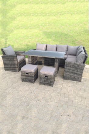 Fimous 9 Seater High Back Rattan Corner Sofa With Black Tempered Glass Dining Table Footstools With Chair in Dark Grey