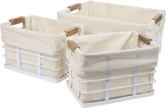 Happimess Callan Vintage Industrial Handmade Wire Metal Nesting Storage Baskets with Wood Handles and Fabric Liner in White at Nordstrom