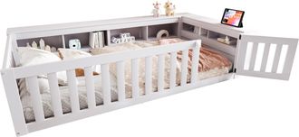STILVORA Cama Con Barandilla 90 X 200 Cm De Madera Maciza Con Compartimentos De Almacenamiento Integrados, Barandillas Y Laterales De Cama, Sin Colch&oacute;n, Blanco