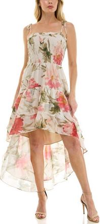 Socialite Smocked Bodice Tie Strap High-Low Midi Dress in Cream Pink at Nordstrom, Size X-Small