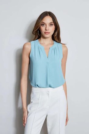 T Tahari Top Womens Blue Haze Sleeveless Pleated Split V-Neck Blouse FTS1112