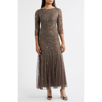 Pisarro Nights Illusion Sleeve Beaded A-Line Gown in Mocha at Nordstrom, Size 18