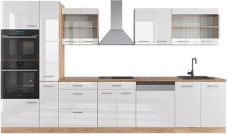 Vicco Cucina componibile R-Line, Bianco lucido/oro power oak, 350 cm con armadio alto, senza piano di lavoro