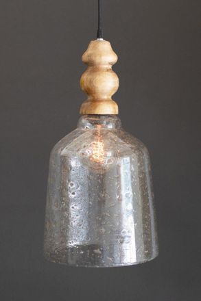 Kalalou Clear Pebbled Glass Pendant Light With Wooden Finial