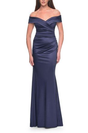 La Femme Off the Shoulder Stretch Satin Evening Dress in Navy at Nordstrom, Size 12