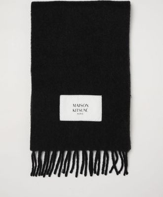 Maison Kitsun&eacute; Wool Scarf with Logo Patch and Fringed Trim