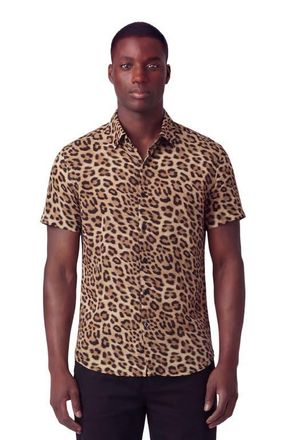 Lords of Harlech Leopard Mens Merino Wool Button-up Shirt in Leopard Brown at Nordstrom, Size Xx-Large