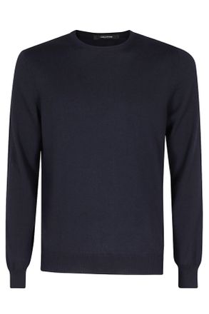 Tagliatore Blue Marley Ribbed Trim Merino Wool Sweater