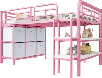 STILVORA Cama Alta Infantil Individual Con Almacenaje, Cajones Y Estantes, 90 &times; 200 Cm, Sin Colch&oacute;n, Rosa