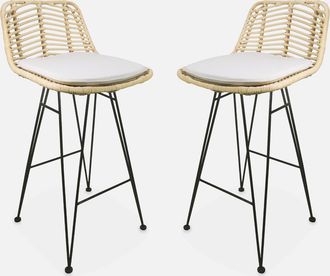 Sweeek Sweeek - Taburete De Bar De Metal Y Rat&aacute;n, Set De 2, Cahya, Natural, 42.5x48x90 Cm