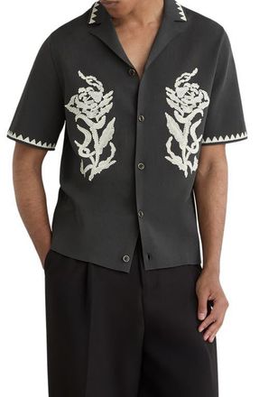 Reiss Folia Floral Embroidered Knit Camp Shirt in Anthracite Grey at Nordstrom, Size Xx-Large