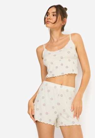 Lascana Shorty LSCN BY LASCANA, Damen, Gr. 32/34, ecru bedruckt, Rippware, Obermaterial: 92% Viskose (LENZING), 8% Elasthan, bedruckt, unifarben, schmal taill