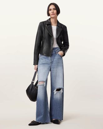 AllSaints Womens Lamb Leather Vela Slim Fit Leather Biker Jacket, Size: UK 6/US 2