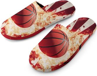 Generic Basketball Japanese Flag Flannel Mens Slip-on Slippers Winter Warm House Shoes with Rubber Sole for Home Hotel
