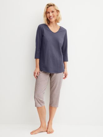 CALIDA Schlafanzug CALIDA Blooming Nights, Damen, Gr. XS (36/38), graystone, Single Jersey, Obermaterial: 100% Baumwolle, bequem 3/4-L&auml;nge, V-Ausschnitt, Hom