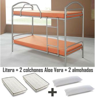 HOGAR 24 Hogar24 - Litera Metálica + 2 Colchónes Flexitex Aloe Vera + 2 Almohadas de Fibra 80x180cm