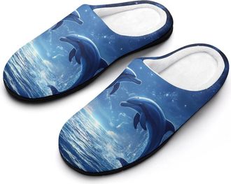 Generic Moon Dolphins Love Mens House Slippers Memory Foam Washable Cotton Slip on Home Shoes