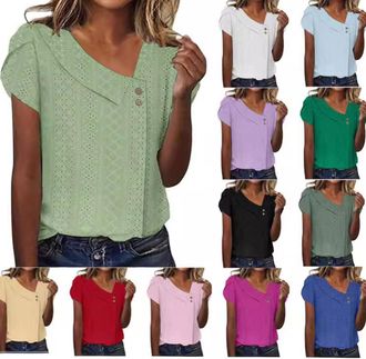 Generic Women Tops, Ladies Tops 2026 Womens Summer Cotton Linen Cap Sleeve T-Shirt Button V Neck Tunic Top Fashion Baggy Solid Plain Casual Shirts Trendy Blou