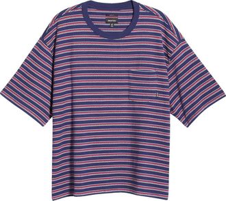 Brixton Poolside Stripe Boxy Cotton Piqu&eacute; Cropped T-Shirt in Washed Navy at Nordstrom, Size Xx-Large