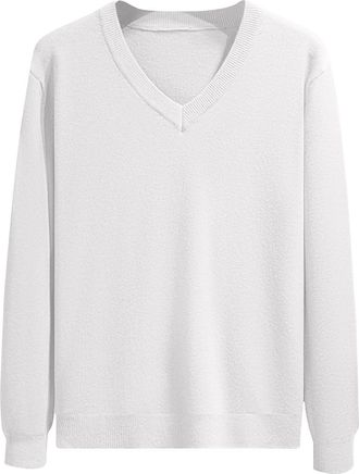 Generic Mens Jumper V Neck Long Sleeve T-Shirt Top Classic Soft Pullover Regular Fit Winter Sweater Casual Solid Color Workwear Sports Sweatshirt White