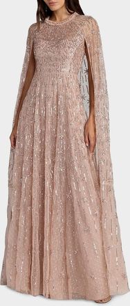 Mac Duggal Sequined Cape-Sleeve Gown