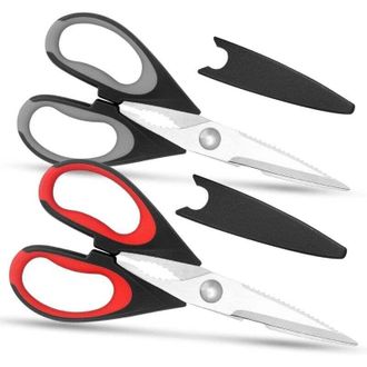OEM Juego De 2 Pares De Tijeras De Cocina De Acero Inoxidable Con Tapa De Seguridad - Mango Suave - Multiusos - Resistentes - Rojo/gris - Crezuo
