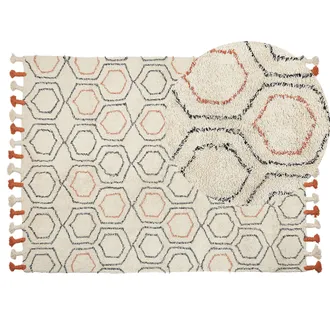 Beliani Alfombra De Algod&oacute;n Beige Naranja Negro 140 X 200 Cm A Mano Geom&eacute;trico Borlas Hajipur